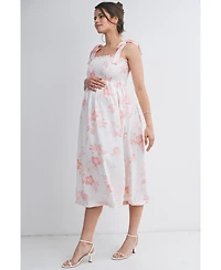 Hello Miz Maternity Floral Smocked Empire Waist Midi Dress with Tie Straps