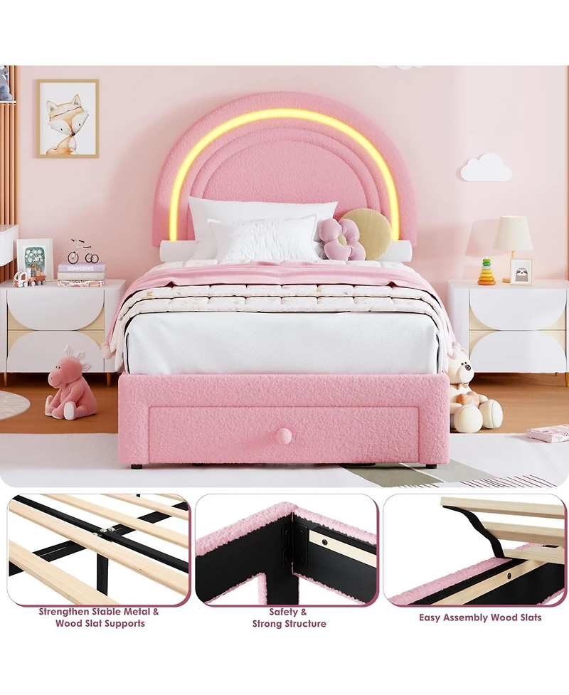 gaomon Twin Upholstered Led Bed Frame - with Storage Drawer and Rainbow Headboard, Berber Fleece Princess Platform for Kids
