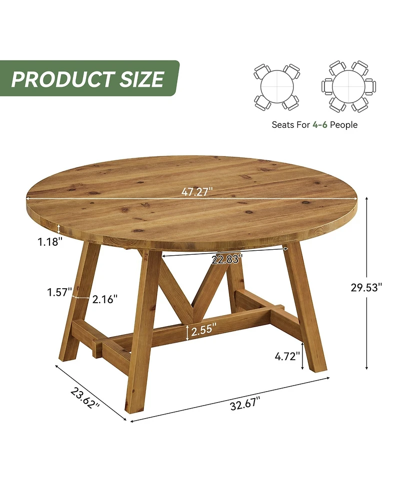 Tribesigns Solid Wood Dining Table for 4-6, Farmhouse Round Kitchen Table, Brown