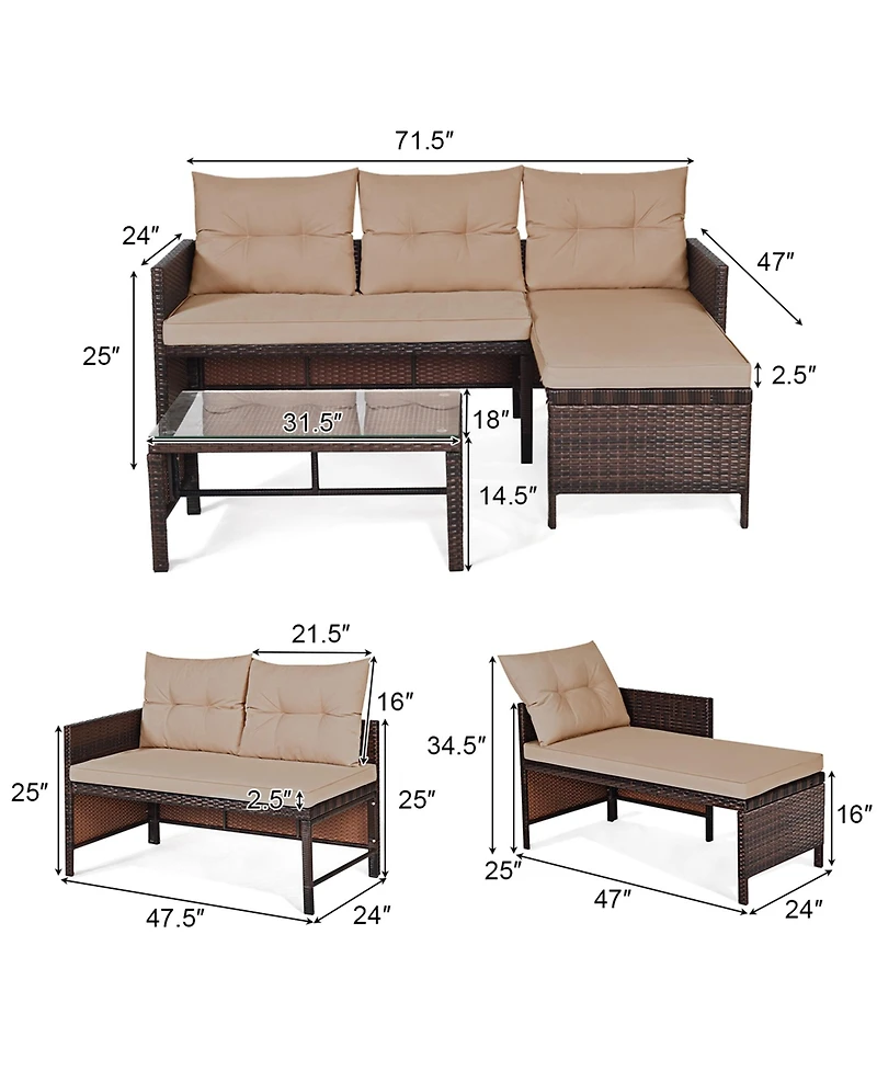 Gymax 3PC Rattan Furniture Sofa Lounge Chaise Set Outdoor Patio Garden