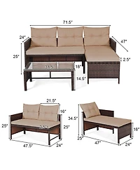 Gymax 3PC Rattan Furniture Sofa Lounge Chaise Set Outdoor Patio Garden