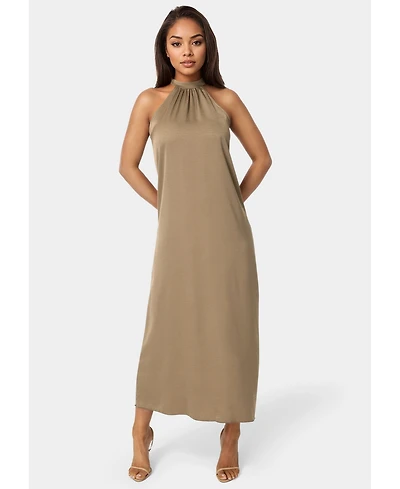 Bebe Women's Crushed Satin Mock Neck Maxi Dress