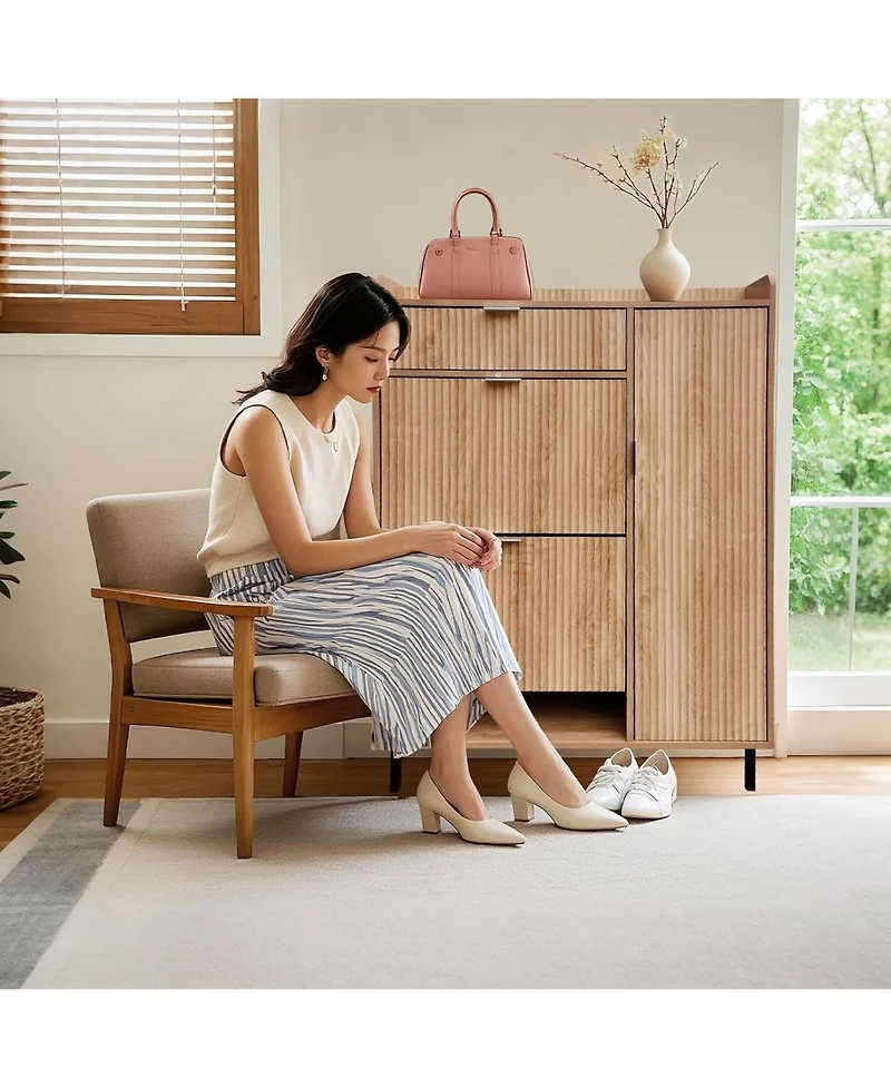 gaomon Shoe Storage Cabinet with 2 Flip Drawers Freestanding Shoe Metal Legs Wave Pattern Narrow Shoe Organizer C