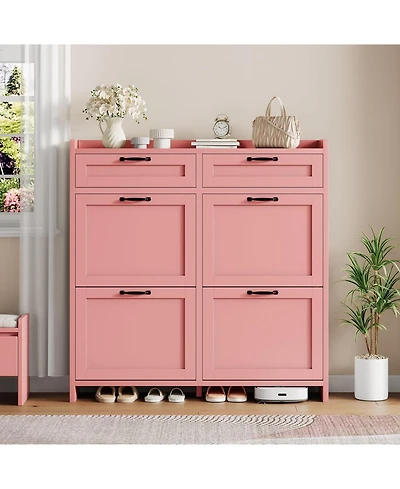 gaomon Shoe Cabinet with 4 Flip Drawers and 2 Top Drawers High-Gloss Painted Wood Shoe Organizer with Adjustable Shelves Hidden Shoe Storage Cab