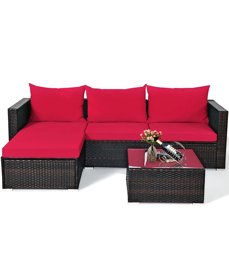 Gymax 5PCS Cushioned Rattan Patio Conversation Set with Ottoman Red Cushion
