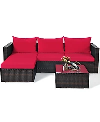 Gymax 5PCS Cushioned Rattan Patio Conversation Set with Ottoman Red Cushion