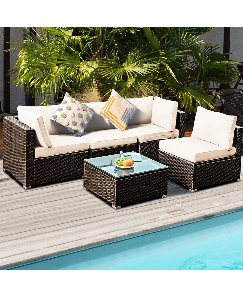 Gymax 5PCS Rattan Patio Conversation Set Sofa Furniture Set w/ White Cushions