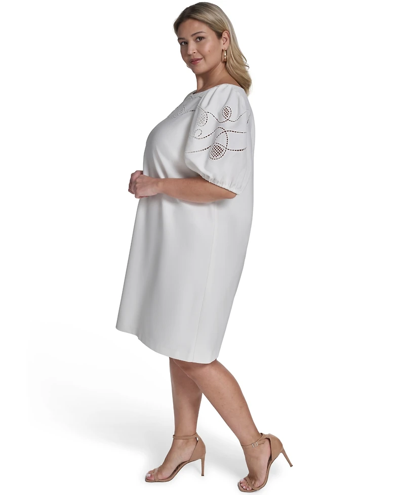 Vince Camuto Plus Puff-Sleeve Boatneck Laser-Cut Dress
