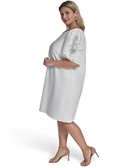 Vince Camuto Plus Puff-Sleeve Boatneck Laser-Cut Dress