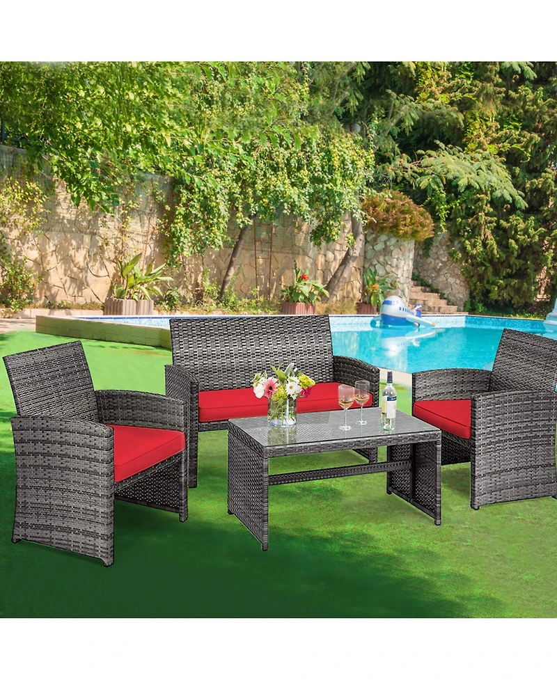 Gymax 8PCS Patio Outdoor Rattan Conversation Furniture Set w/ Cushion
