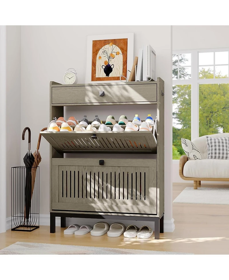 gaomon Shoe Storage Cabinet with 2 Flip Drawer Shoes Organizer with with Top Drawer Hollow Out Panel and Black Square Handles Adjustable Shoe Rack