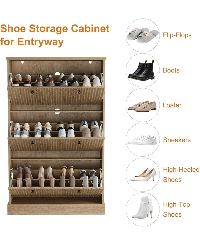 gaomon Shoe Cabinet with 3 Flip Drawers Modern Fluted Cabinet with Adjustable Shelves Freestanding Wooden Shoe Organizer