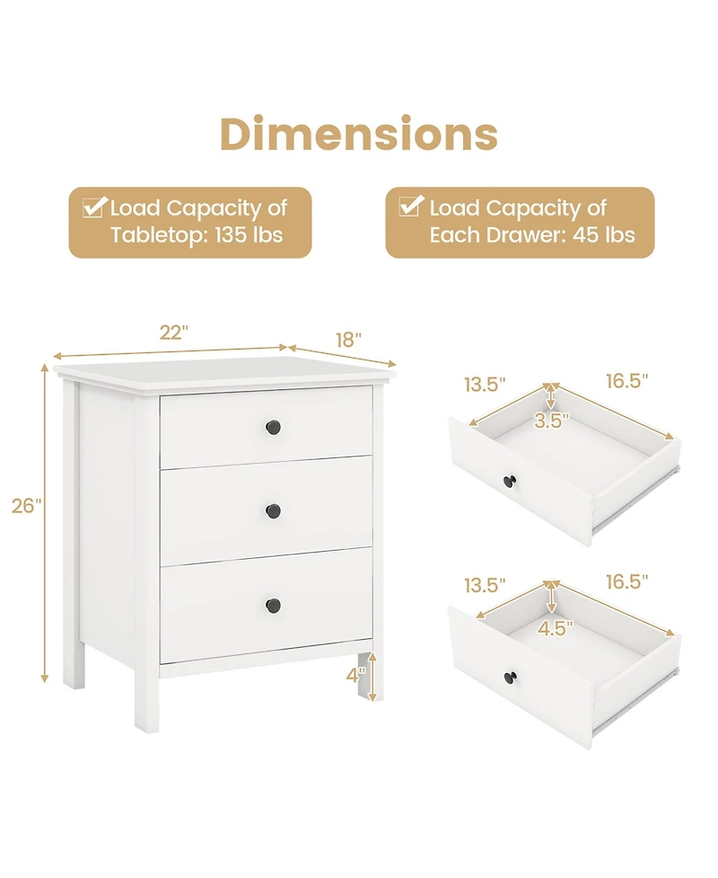 Gymax 3-Drawer Nightstand Wooden Bedside Table Modern Side End Table Space-Saving