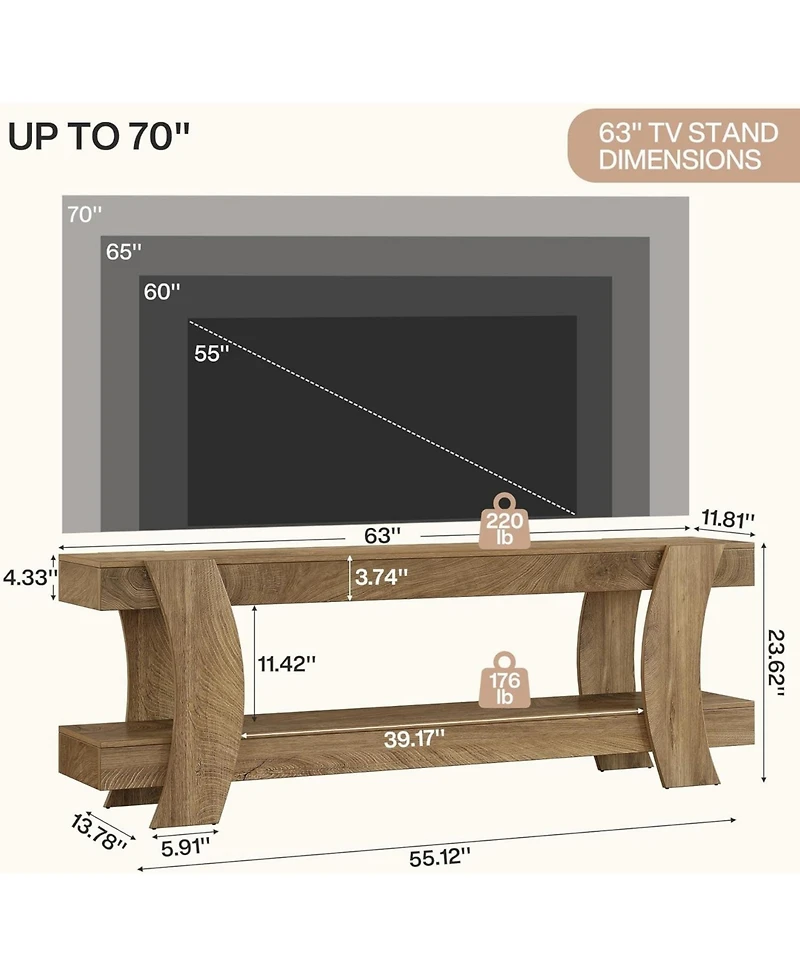 Tribesigns 63" Tv Stand with 2 Open Shelf, Farmhouse Wooden Media Console for 55/60/65/70-Inch Tvs, Modern TV Console Entertainment Center