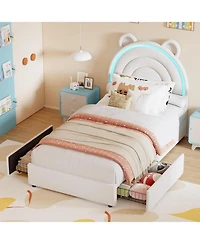 gaomon Twin Princess Upholstered Platform Bed with 4 Storage Drawers and Led Lights-Velvet Fabric- Rainbow Headboard- Solid Wood Slats- No Box Spring