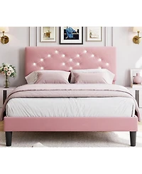 gaomon Upholstered Bed Frame with Button-Tufted Headboard and Wooden Slat Support