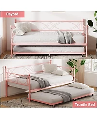 gaomon Daybed Metal Frame with Trundle Platform Sofa Bed Lockable Casters Metal Slats Living Room Bedroom Guest