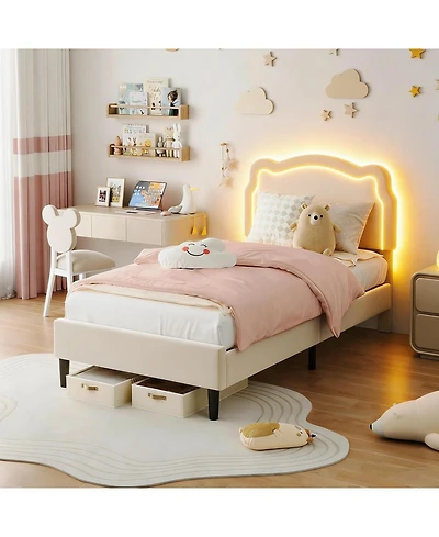 gaomon Twin Upholstered Bed Frame with Smart Led and Adjustable Bear Headboard, Velvet Princess Platform Bed, Wooden Slats Support Kids