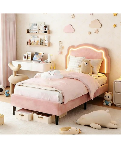 gaomon Twin Upholstered Bed Frame with Smart Led and Adjustable Bear Headboard, Velvet Princess Platform Bed, Wooden Slats Support Kids