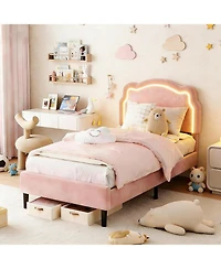 gaomon Twin Upholstered Bed Frame with Smart Led and Adjustable Bear Headboard, Velvet Princess Platform Bed, Wooden Slats Support Kids