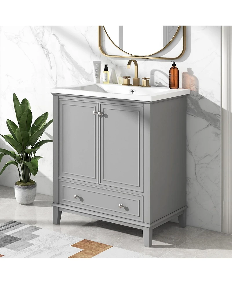 Sillysis 30" Bathroom Vanity with Ceramic Sink, Solid Wood Frame, Multi-Functional Cabinet & Drawer Storage for Modern Bathrooms