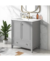Sillysis 30" Bathroom Vanity with Ceramic Sink, Solid Wood Frame, Multi-Functional Cabinet & Drawer Storage for Modern Bathrooms
