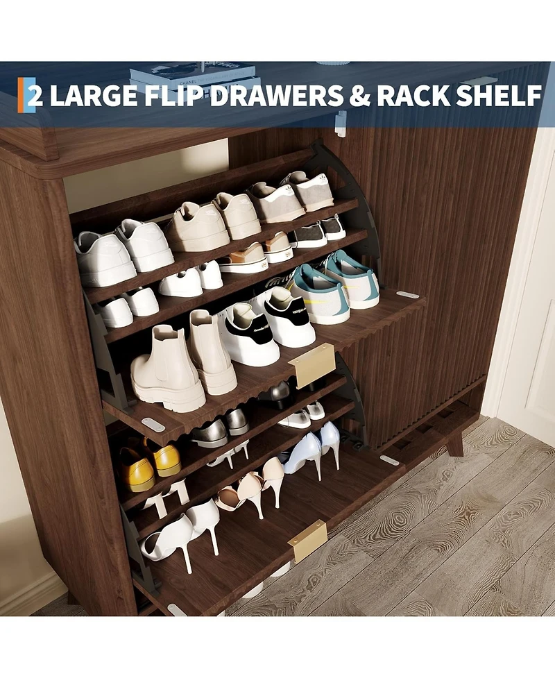 gaomon Space-Saving Fluted Shoe Cabinet for Entryway – Narrow Freestanding Wooden Shoe Organizer with Sliding Door 2 Turn Drawers