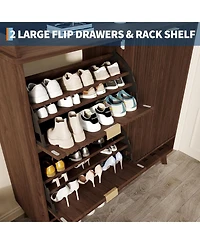 gaomon Space-Saving Fluted Shoe Cabinet for Entryway – Narrow Freestanding Wooden Shoe Organizer with Sliding Door 2 Turn Drawers