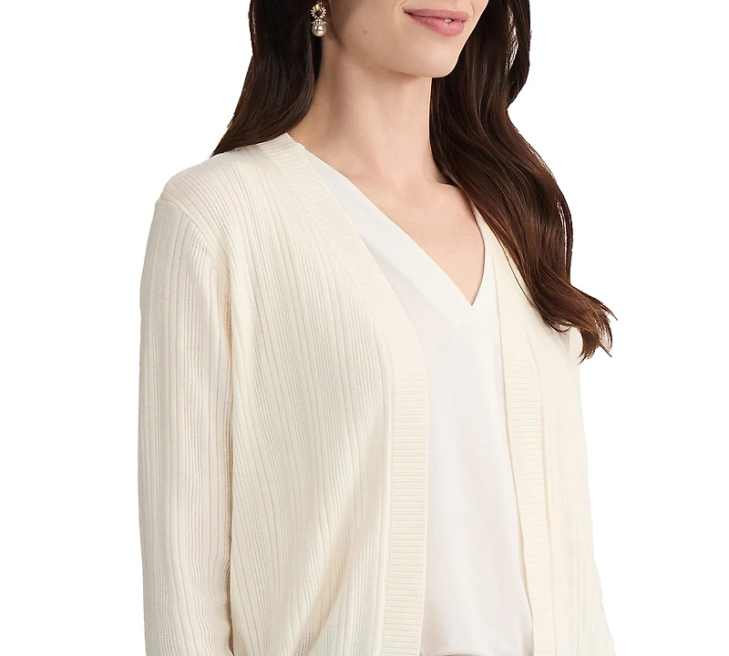 Jones New York Petite Variegated Rib Kissing Front Long-Sleeve Cardigan