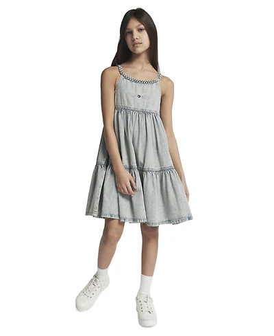 Tommy Hilfiger Girls' 7-16 Rope Trim Scoop Neck Denim Dress