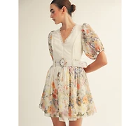 Arose Studio, Inc Women's Floral Garden Border Print Belted Mini Dress