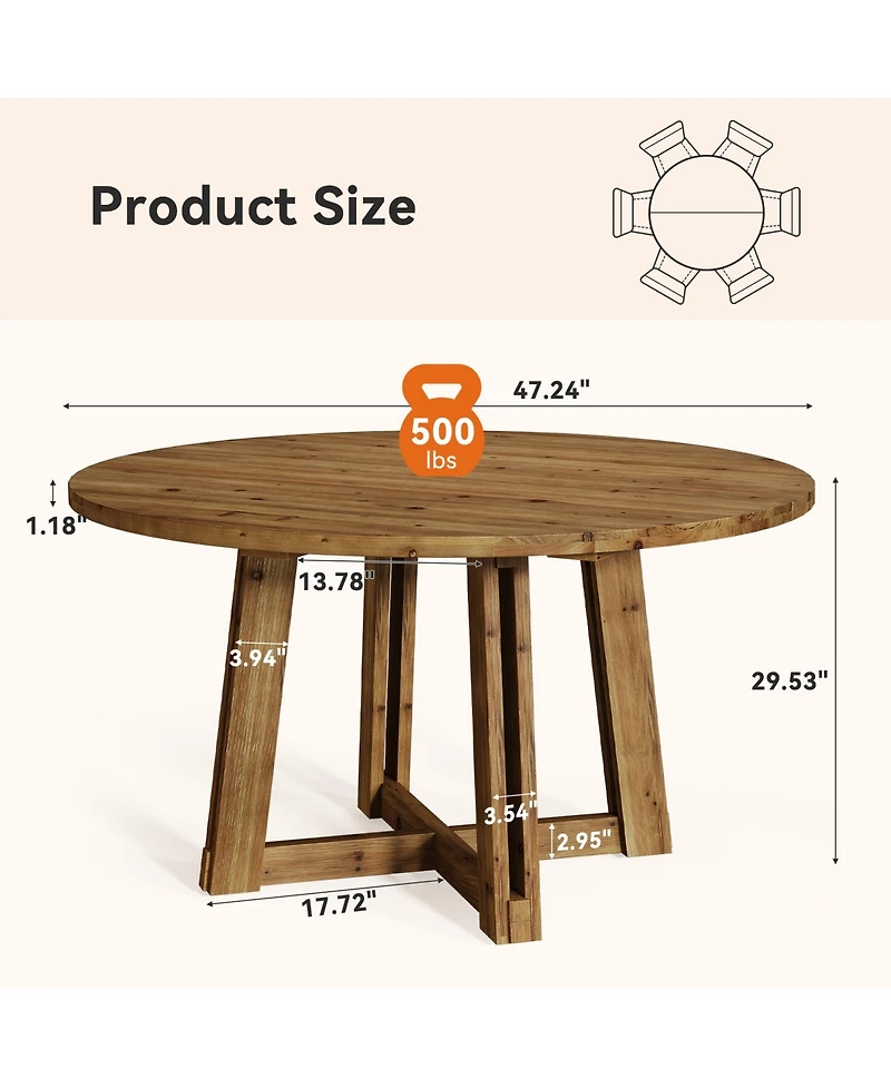 Tribesigns 47" Solid Wood Dining Table for 4-6, Round Kitchen Table with Wood Legs, Farmhouse Kitchen & Dining Room Furniture