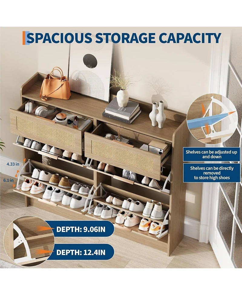 gaomon Rattan Shoe Storage Cabinet with 4 Flip Drawers and 2 Drawers, Freestanding Narrow Shoe Organizer for Entryway
