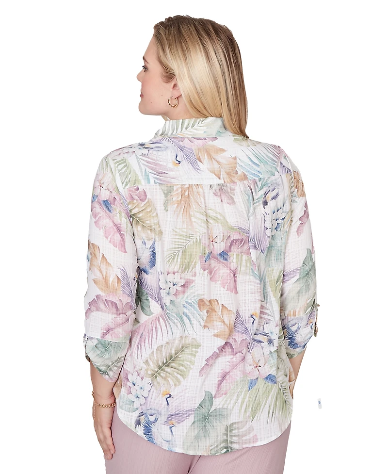 Alfred Dunner Petite Vintage-Inspired Charm Tropical Button-Front Tie-Sleeve Top