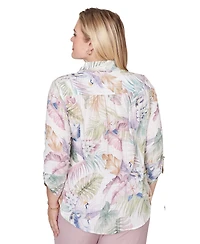 Alfred Dunner Petite Vintage-Inspired Charm Tropical Button-Front Tie-Sleeve Top