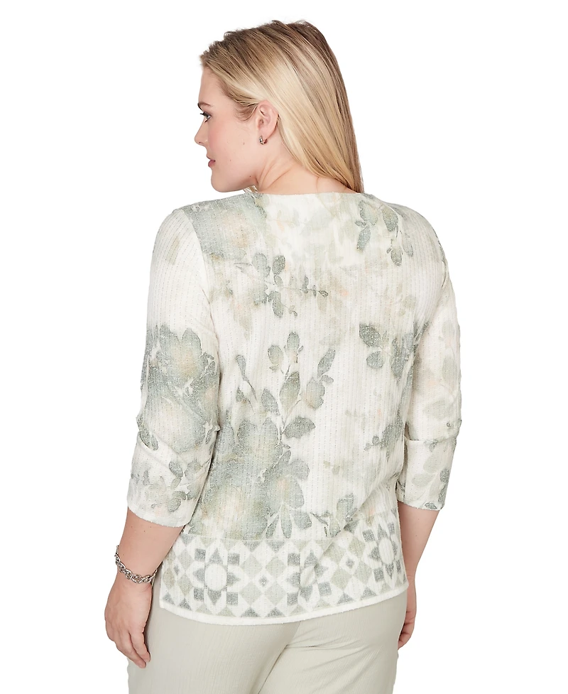 Alfred Dunner Petite Charm Floral Tonal Border Embellished Crew Neck Top