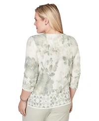 Alfred Dunner Petite Charm Floral Tonal Border Embellished Crew Neck Top