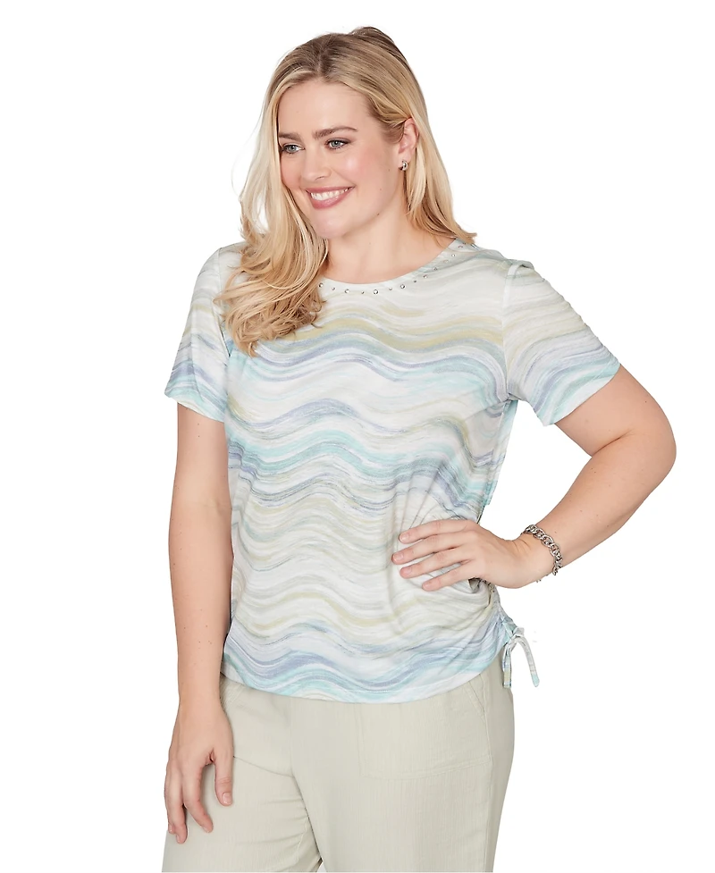 Alfred Dunner Petite Wavy Biadere Side-Tie Crew Neck Ruched Top
