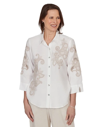 Alfred Dunner Petite Scroll Soutache Button-Front Collared Top