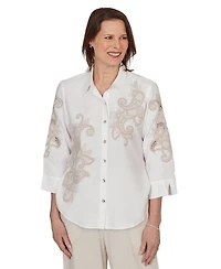 Alfred Dunner Petite Scroll Soutache Button-Front Collared Top
