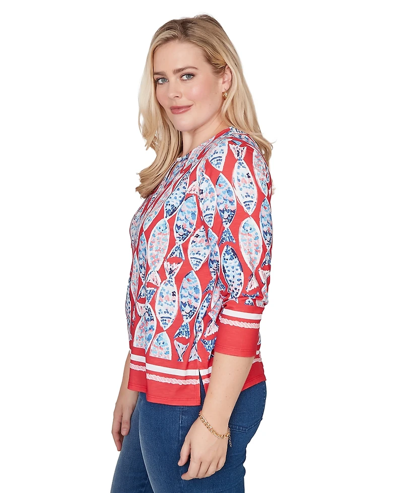 Alfred Dunner Petite Port Side Mosaic Fish Split Beaded Neck Top