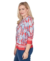 Alfred Dunner Petite Port Side Mosaic Fish Split Beaded Neck Top