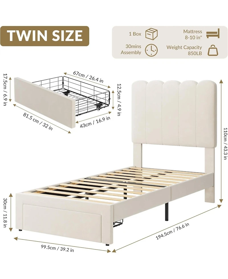 gaomon Bed Frame with Under-Bed Drawer, Upholstered Platform Bed with Wave Headboard for Kids/Girls, Wooden Slats Support, No Box Spring Needed