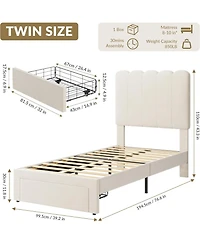 gaomon Bed Frame with Under-Bed Drawer, Upholstered Platform Bed with Wave Headboard for Kids/Girls, Wooden Slats Support, No Box Spring Needed