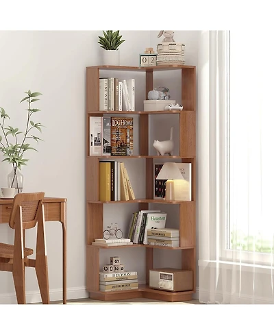 Rainsken 5 Tier L-Shaped Corner Bookshelf, Wooden Open Display Shelves and Storage Rack with Anti-Drop Panels for Living Room, Home Office