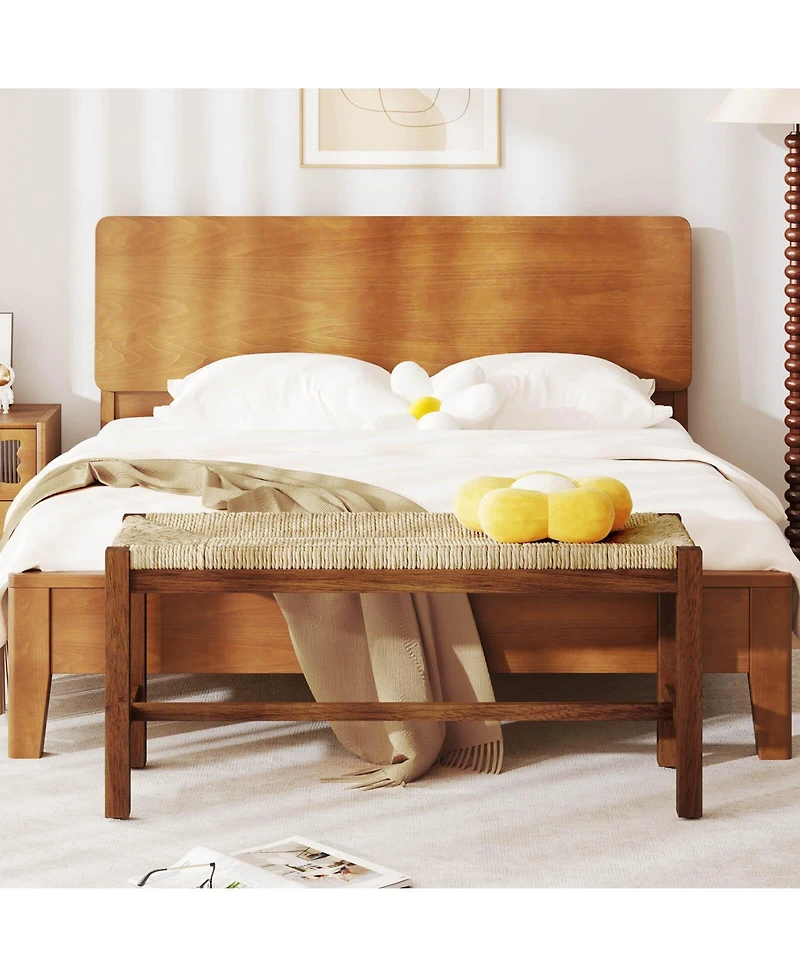 40" Long Wood Bench Indoor Dining Entryway End of Bed Bench Natural Seagrass Seat