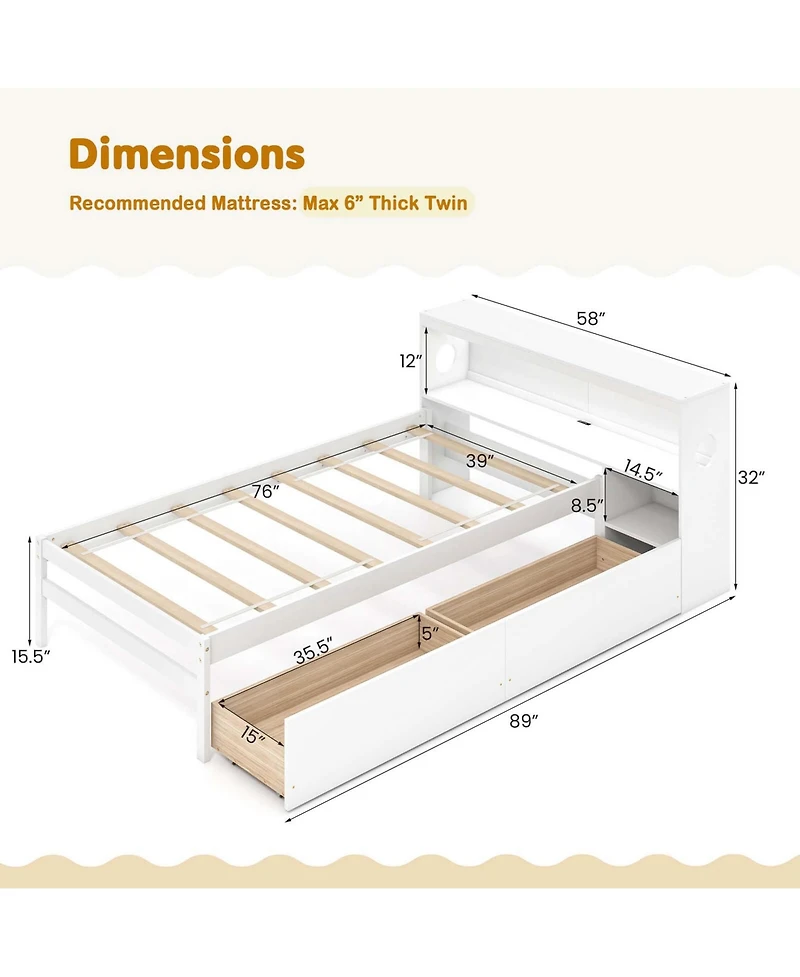 Twin Size Bed Frame with Led Light & Power Outlet Bookcase Headboard Drawers