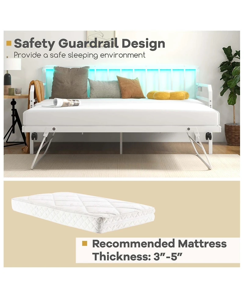 Twin Size Daybed with Pop-up Trundle Charging Station & Led Lights for Living Room