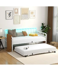 Twin Size Daybed with Pop-up Trundle Charging Station & Led Lights for Living Room