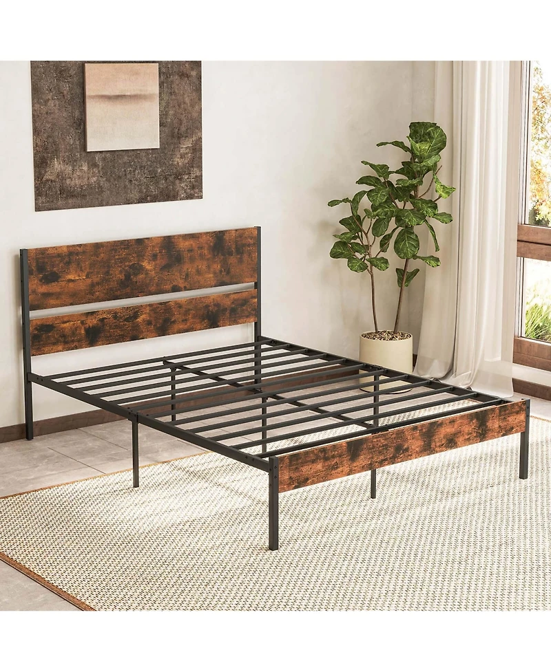 Queen Size Bed Frame with Wooden Headboard Under-Bed Storage No Box Spring Needed